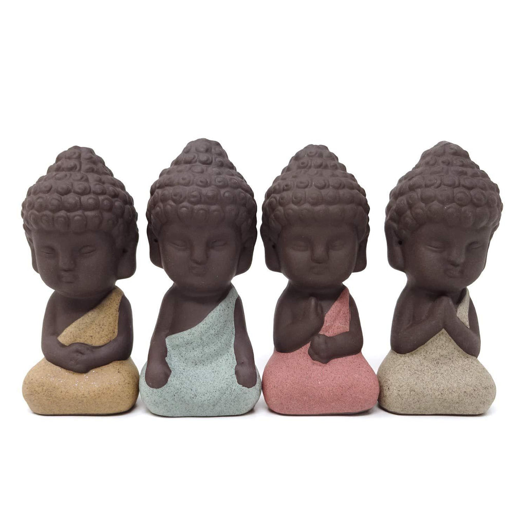 NewNest Australia - HONBAY 4PCS Cute Small Ceramic Buddha Statues Monk Figurines Sculptures for Outdoor Home Decoration pottery 