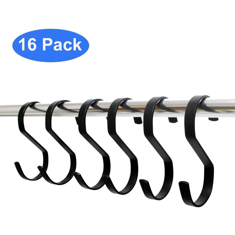 NewNest Australia - METLUCK 16-Pack 4 Inch Flat S Shape Hooks Heavy-Duty Chrome Finish Hanging S Hooks for Kitchenware, Pots, Utensils, Plants, Towels, Gardening Tools, Clothes (Black) Black 