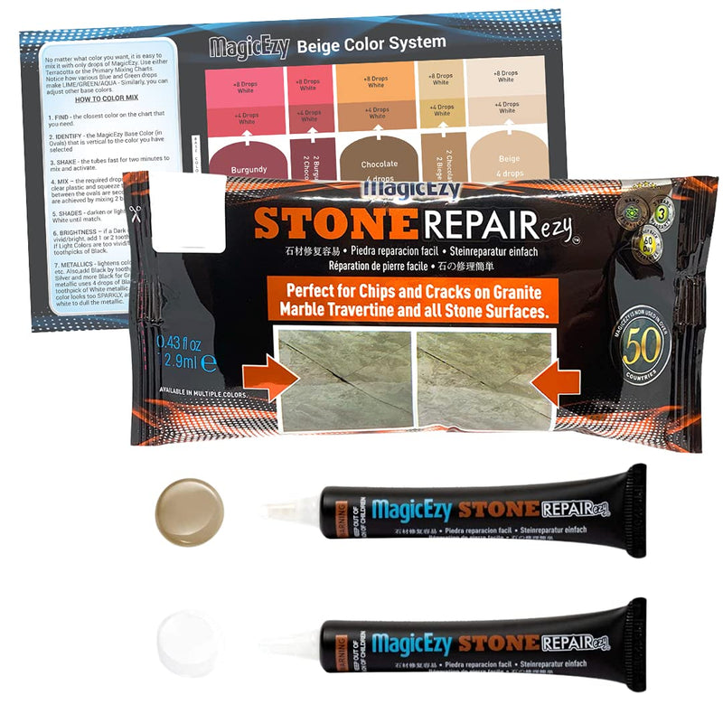 MagicEzy Stone RepairEzy (Beige/White) : Travertine and Stone Repair Kit | Fix Chipped, Cracked Tiles, Countertops Like an Expert - Filler Kit for Travertine, Granite, Marble, Stone Beige / White Kit - NewNest Australia