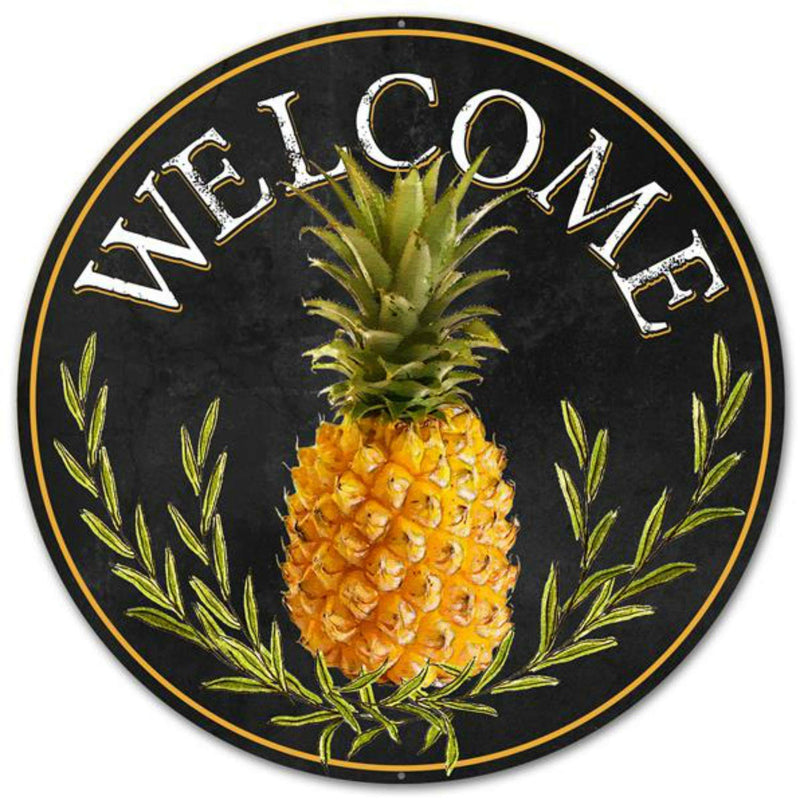 NewNest Australia - Eletina mlfl Metal Tin Sign Farmhouse Vintage 12" Round Metal Sign: Welcome Pineapple Wall Door Hanger Decor 