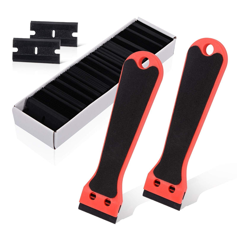 EHDIS 2pcs Plastic Razor Scraper 6-inch Long Handle Adhesive Remover Tool with 100 Double-Edge Blades for Window Tint Vinyl Scraper Decal Sticker Glue Remover (Red) Red - NewNest Australia