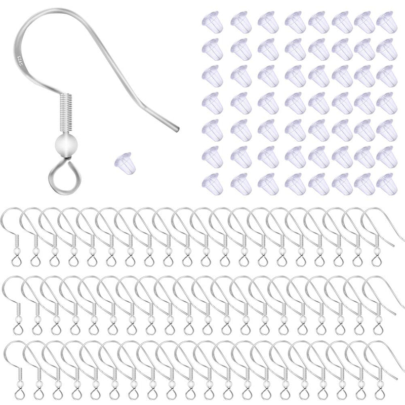 100 PCS/50 Pairs 925 Sterling Silver Earring Hooks Fish Hook Ear Wires French Wire Hooks Hypo-allergenic Jewelry Findings Earring Parts DIY Making With 100 PCS Clear Rubber Earring Safety Backs - NewNest Australia
