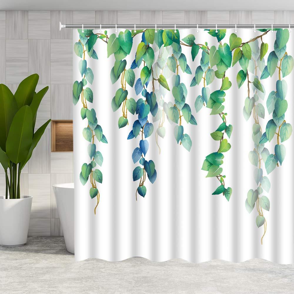 DMTTY Green Leaf Shower Curtain Watercolor Tropical Green Ivy Leaves Bathroom Curtain Plant Fabric Bathroom Accessories Polyester with Hooks 72" X 72" Green White - NewNest Australia