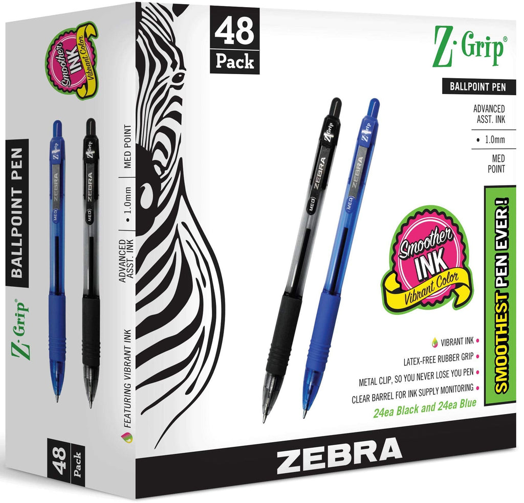 ZEBRA PENS bulk pack of 48 ink pens, Z-Grip Retractable ballpoint pens Medium point 1.0 mm, 24 black pens & 24 Blue pens combo pack 48 Count (Pack of 1) Black and Blue - NewNest Australia