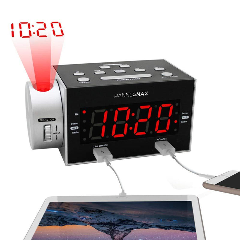 NewNest Australia - HANNLOMAX HX-135CR Alarm Clock Radio with Projection, PLL FM Radio, Dual Alarm, USB Ports for 2.4A and 1A Charging, Red LED Display 