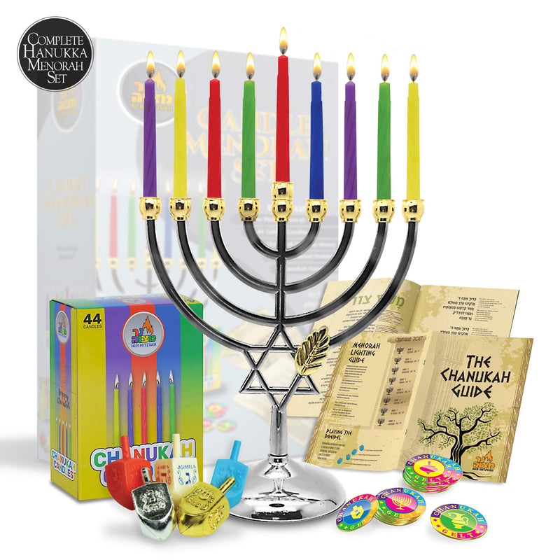 NewNest Australia - Menorahs for Chanukah - Complete Set Hanukkah Menorah - Menorah, Hanukkah Candles, Dreidels, Play Coins, Guide 