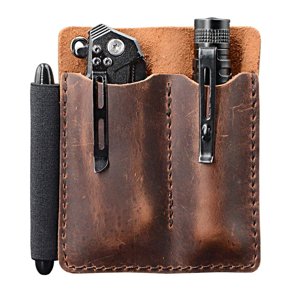 EDC Leather Pocket Organizer, Pocket Slip, Pocket Knife Pouch, EDC Carrier, with Pen Loop, Everyday Carry Organizers, Full Grain Leather. Chestnut. Small - NewNest Australia