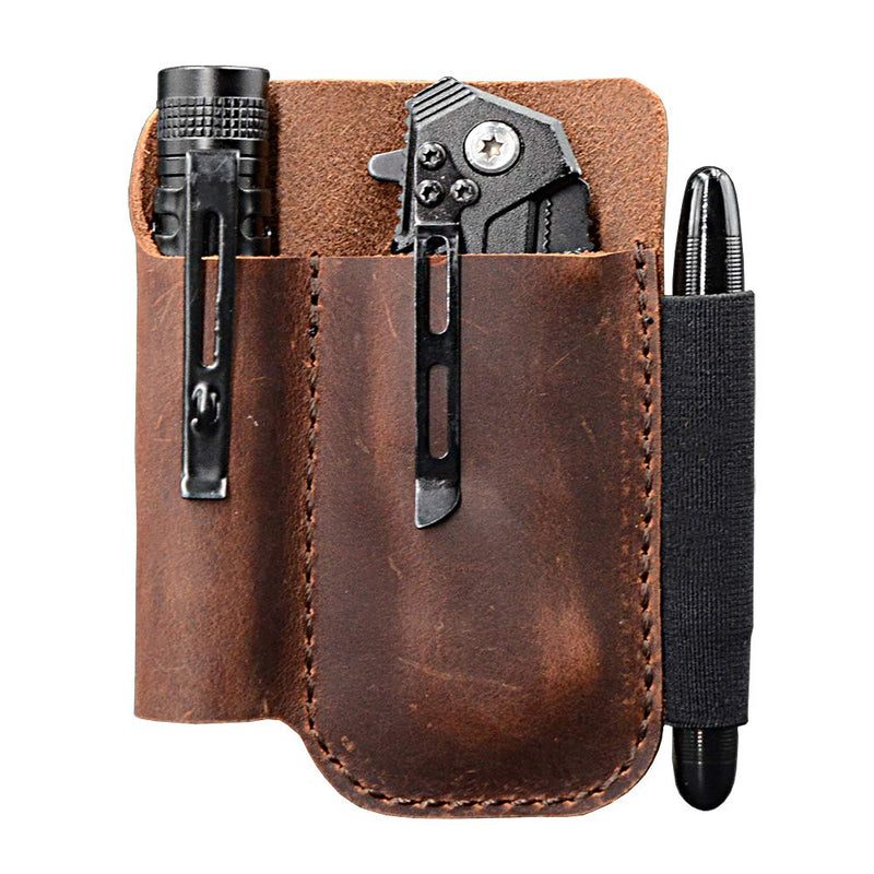 EDC Leather Pocket Pouch, Knife Organizer Pouch, Pocket Slip, EDC Carrier, with Pen Loop, Everyday Carry Organizers, Full Grain Leather. Chestnut. For Pocket - NewNest Australia