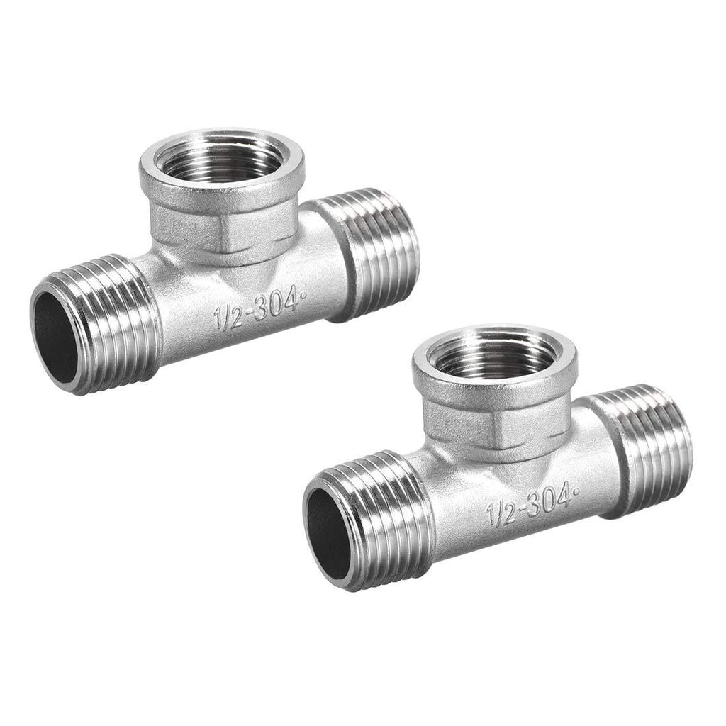 uxcell Stainless Steel 304 Cast Pipe Fitting 1/2 BSPT Male X 1/2 BSPT Femalex 1/2 BSPT Male Tee Shaped Connector Coupler 2pcs - NewNest Australia
