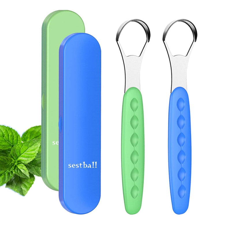 New Version Tongue Scraper Cleaner for Adults & Kids, Medical Grade Metal Tongue Brushes Set for Fresh Breath Dental Eliminate Bad Breath in Seconds (2 pcs) 2 Count (Pack of 1) Blue&Green Case - NewNest Australia