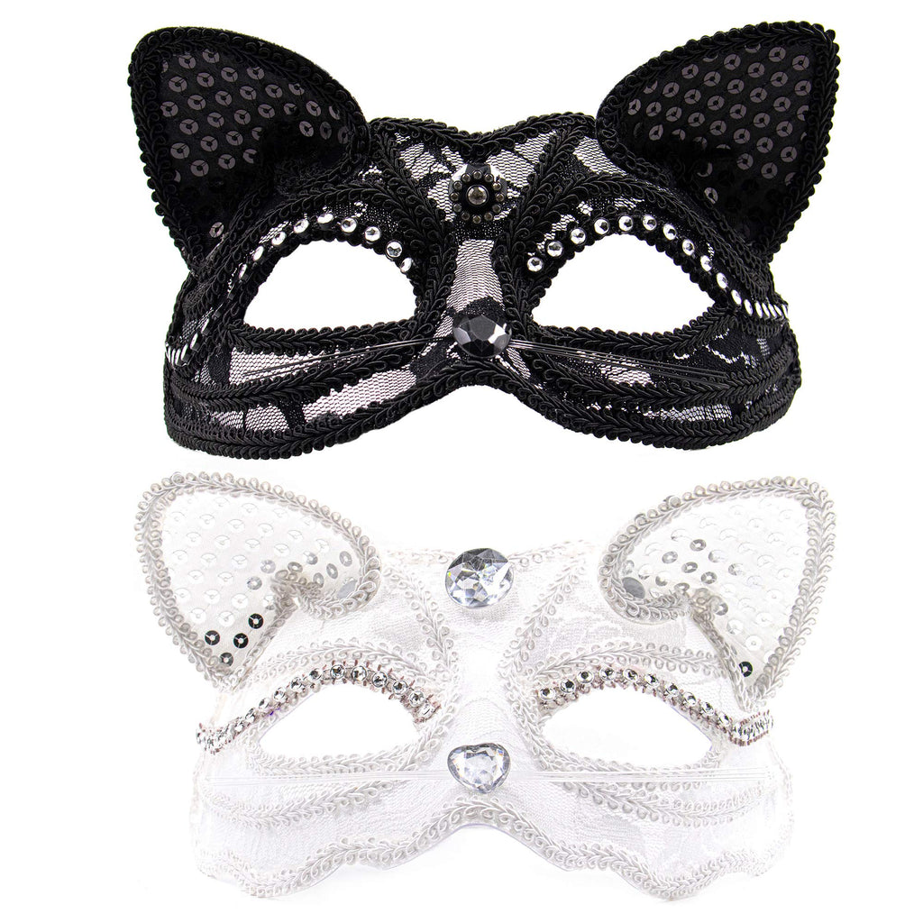 AUEAR, Cat Masquerade Mask Luxury Sexy Cat Mask with Beads Decoration Venice Style Half Face Ball Mask Womens Costume Mask 2 Pack Black & White - NewNest Australia