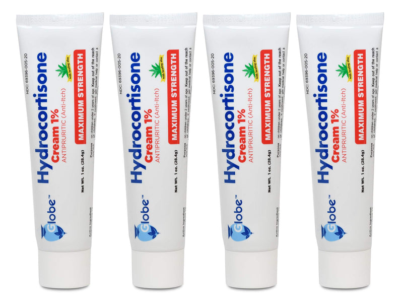 Globe Hydrocortisone Maximum Strength Cream 1% w/ Aloe, | Anti-Itch Cream for Redness, Swelling, Itching, Rash & Dermatitis, Bug/Mosquito Bites, Eczema, Hemorrhoids & More | (4-Pack) - NewNest Australia