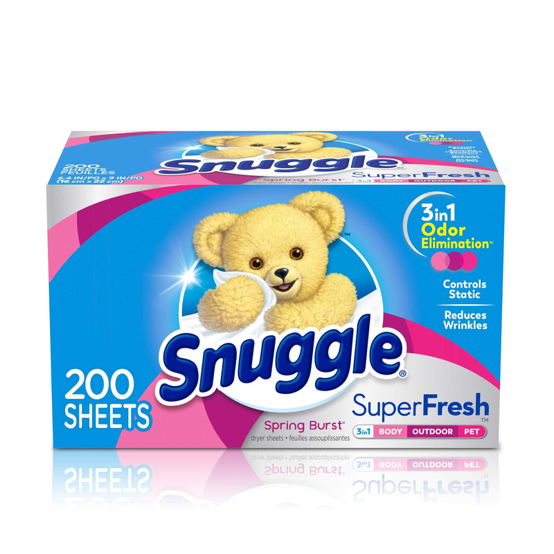 Snuggle Plus SuperFresh Fabric Softener Dryer Sheets with Static Control and Odor Eliminating Technology, Burst, White, 200 Count, Spring - NewNest Australia