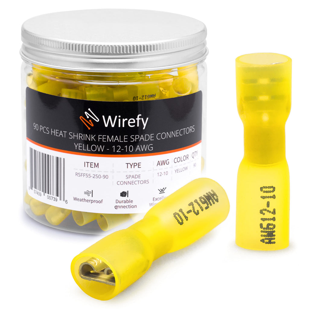 90 PCS Wirefy Female Spade Connectors - Heat Shrink Spade Connector Kit - Quick Disconnect Wire Connectors - Electrical Spade Terminals - Yellow 12-10 Gauge - NewNest Australia