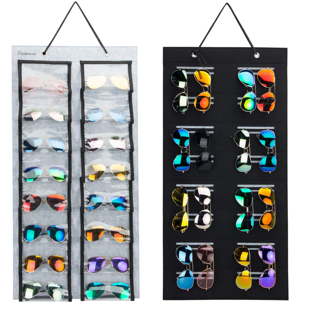 NewNest Australia - PACMAXI Dust-Proof Sunglasses Hanging Organizer, 32 Slots Double Sided Sunglasses Storage Wall Pocket, Eyeglasses Display Case, Eyewear Storage. (Grey) Grey 