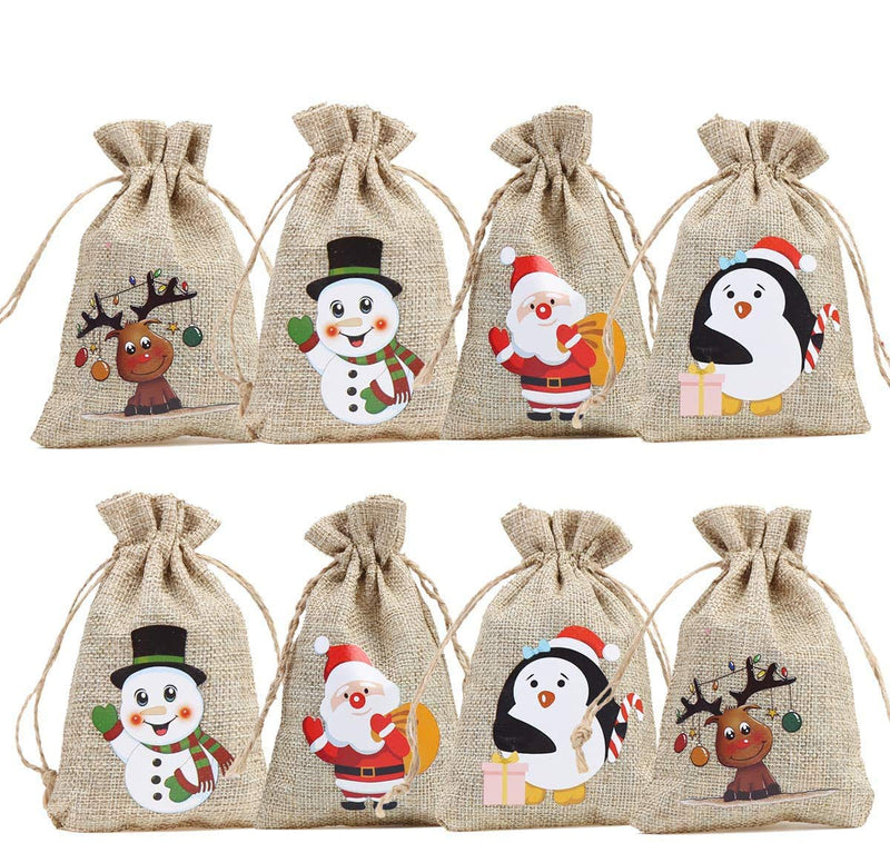 CCINEE 36pc Christmas Linen Bags with Drawstrings Christmas Burlap Goody Gift Bags with Double Jute Drawstrings, 4 designs Snowman, Santa Claus, Penguin and Elk 36 pcs - NewNest Australia