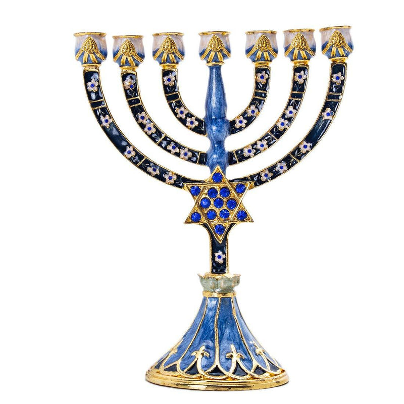 NewNest Australia - YU FENG 7 Branch Hanukkah Menorah Candle Holder Crystal Rhinestones Bejeweled Star of David Motif Hand-Painted Enamel Candlesticks 