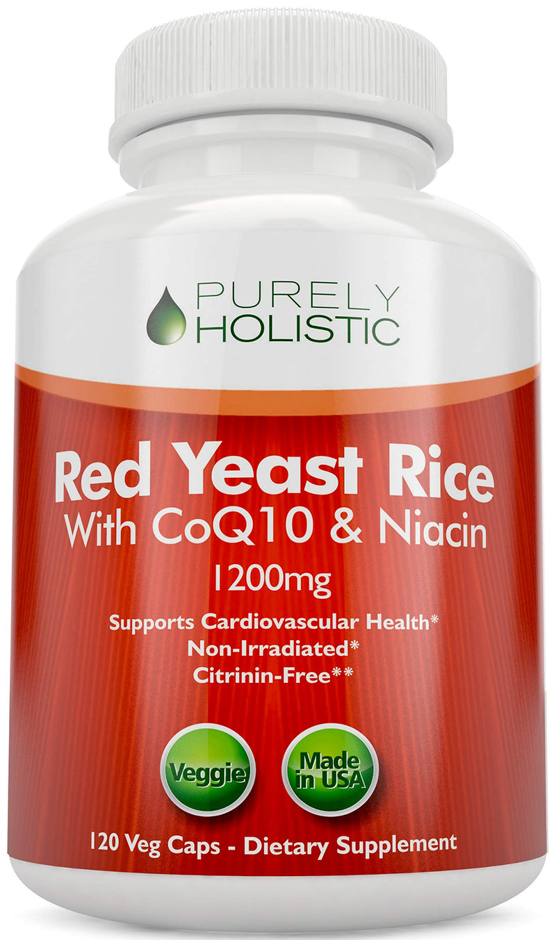 Red Yeast Rice 1200mg with CoQ10 & Flush Free Niacin 120 Vegetarian Capsules - Non Irradiated, Citrinin Free, Supports Healthy Cholesterol Levels & Cardiovascular System - NewNest Australia