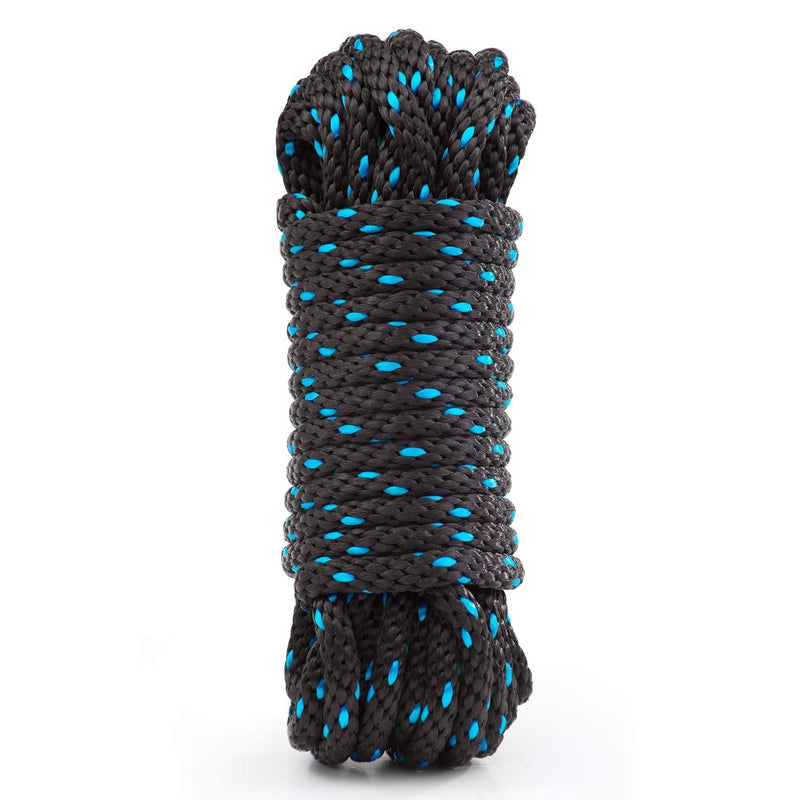 Rope Ratchet 3/8", 50 ft Solid Braided Polypropylene Rope, Heavy Duty, All Purpose, Utility Cord Tie Down Rope for Camping, Tie, Pull, and Knot, Indoor and Outdoor Use - Black with Blue Tracers Black-blue - NewNest Australia