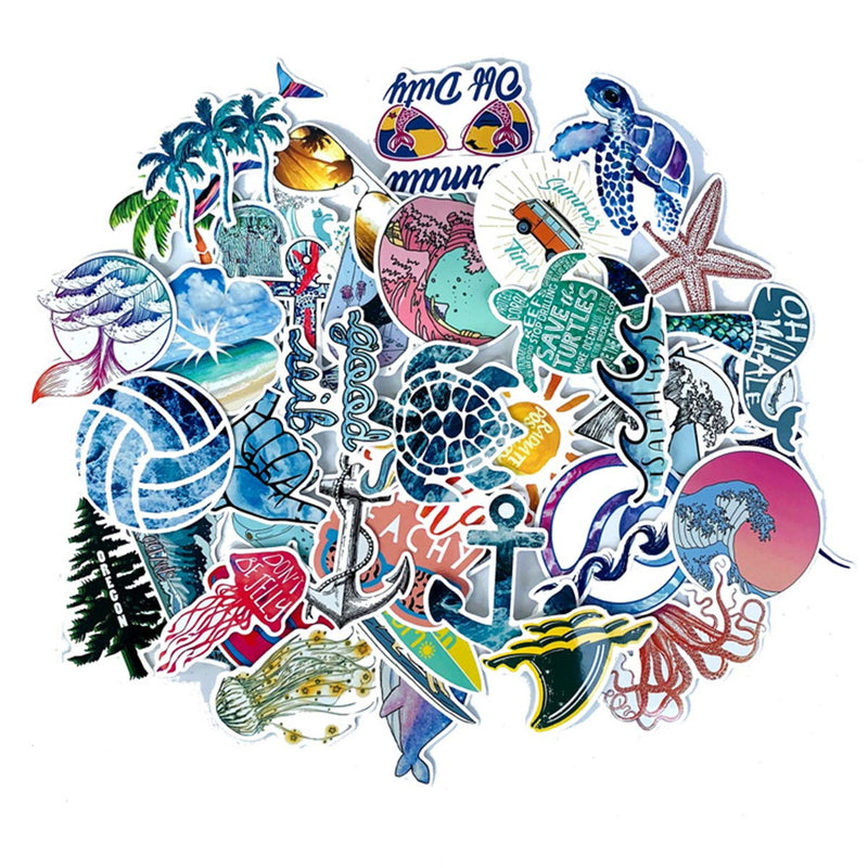 Beach Stickers 50pcs, Blue Surfing Waves Fresh Lively Turtle Laptop Water Bottle Decals Cartoon Vitality Aesthetic Sticker Pack for Teen Girl (Beach Surfing) - NewNest Australia