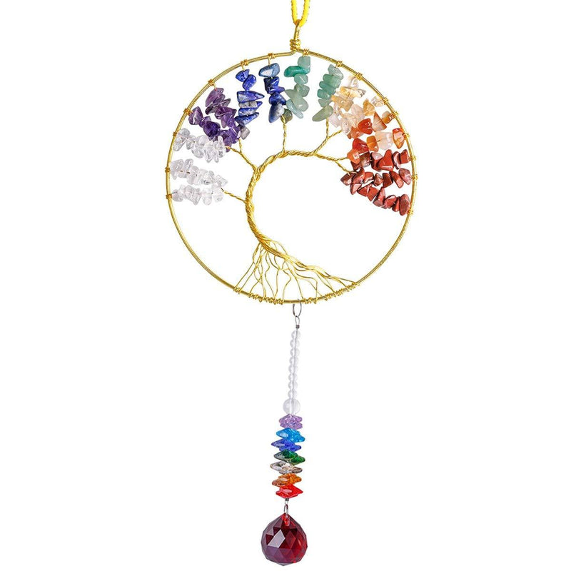 NewNest Australia - SUNYIK Handmade 7 Chakra Stone Tree of Life Pendant Hanging Ornament with Crystal Rainow Suncatcher Prism for Indoor Outdoor Decoration, 7 Chakra Rainbow Crystal Stones #1-7 Chakra Color/7 Chakra Color 