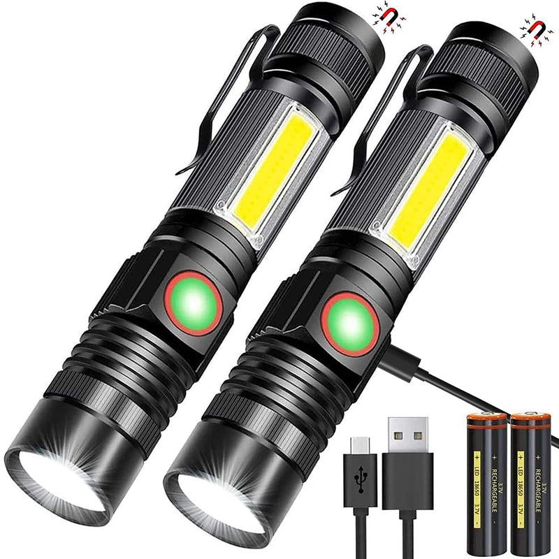 Rechargeable Flashlight, Magnetic Flashlight（with 18650 Battery), Super Bright Pocket-Sized COB Work Light T6 LED Torch with Clip, Zoomable, Water Resistant, 4 Modes for Camping Hiking 2 Pack - NewNest Australia