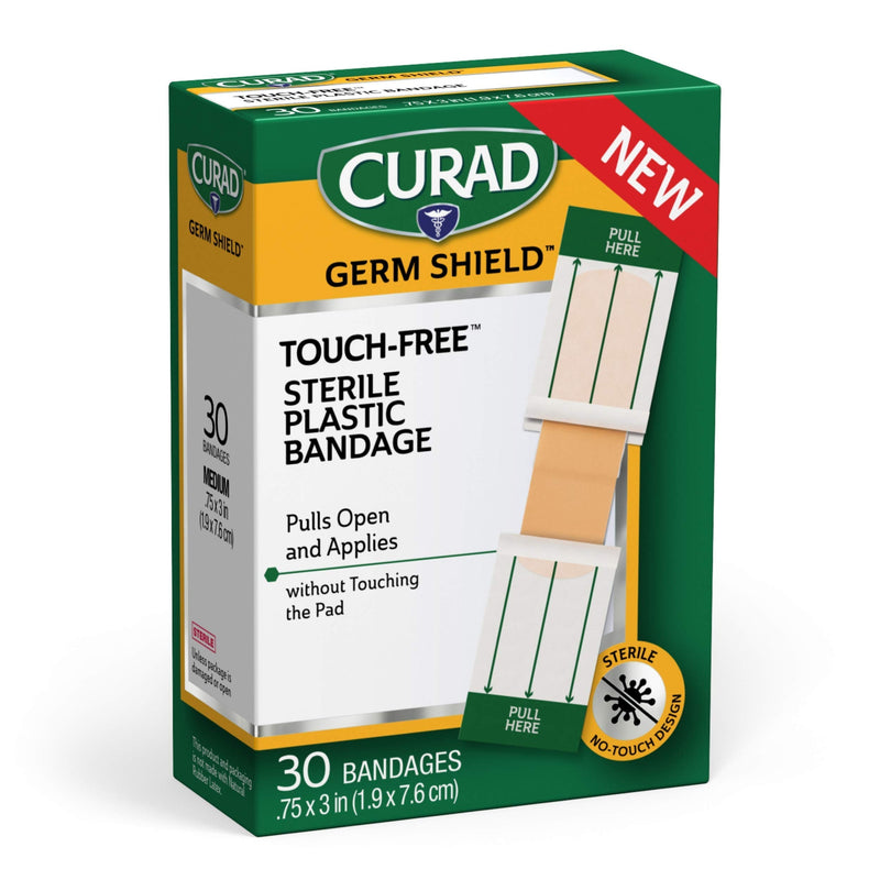 Curad Germ Shield Touch-Free Adhesive Bandage, Plastic Bandage with Easy Application Wrapper.75" x 3", 30 Count - NewNest Australia