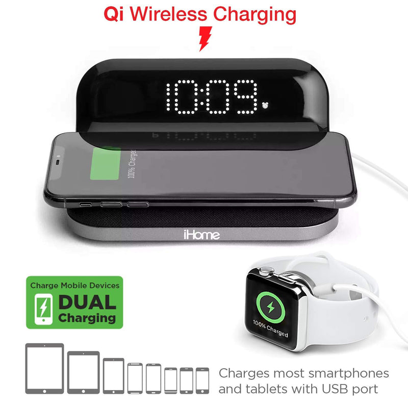 NewNest Australia - iHome iW18 Compact Digital Alarm Clock with USB and Qi Wireless Charging for iPhone 11, XR, XS, X, 8, Galaxy S10 S9 S8, Note 10 Note 9 and More 