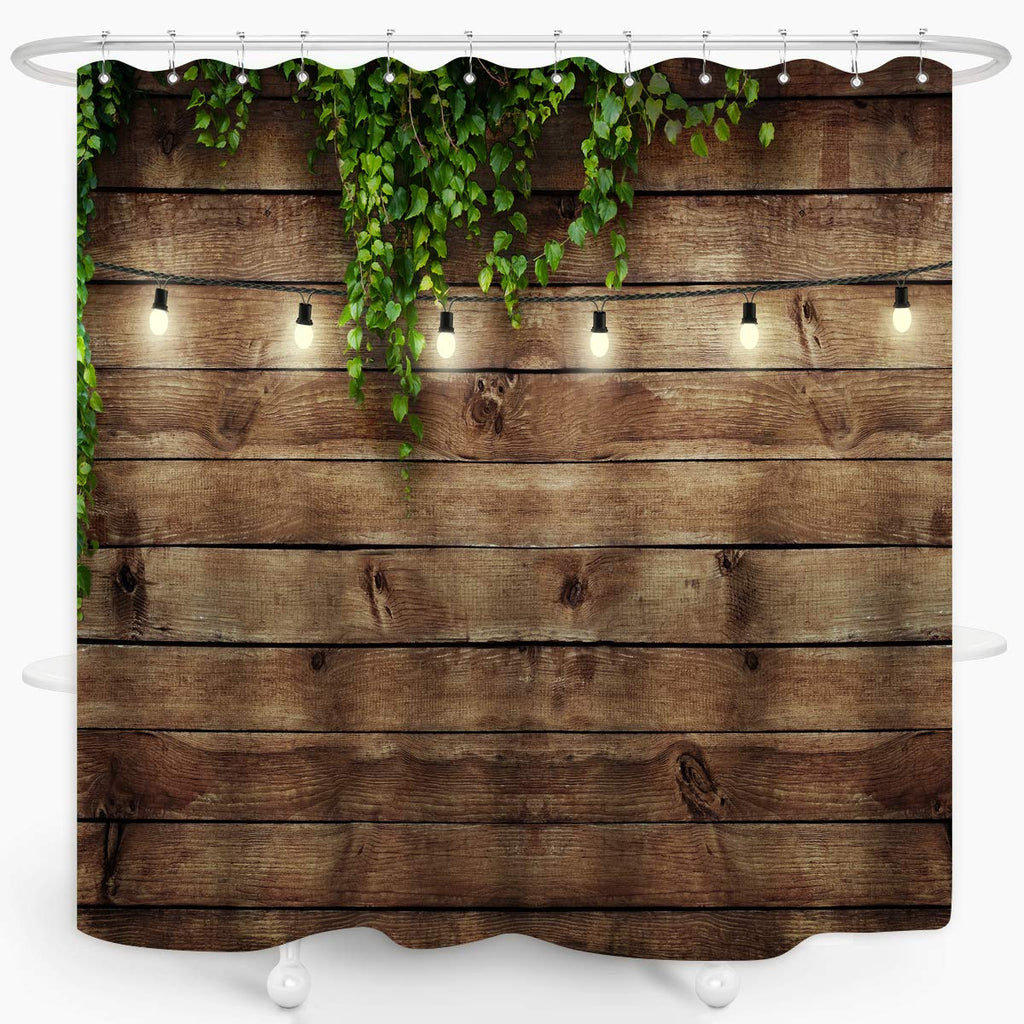 ZXMBF Rustic Wooden Board Shower Curtain Green Leaves on Vintage Wood Country Life Theme Grunge Planks Barn House Door Waterproof Fabric Bathroom Decor 72x72 Inch Plastic Hooks 12PCS Wood Board - NewNest Australia