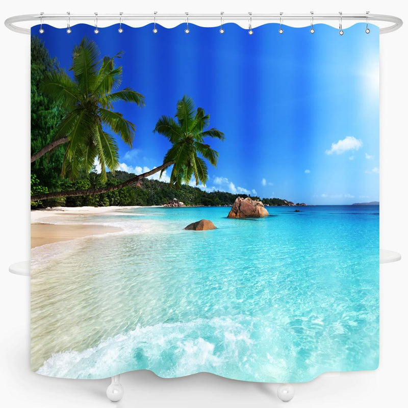 Ocean Beach Shower Curtain Blue Sky Sea Tropical Palm Trees Seaside Landscape Bath Curtain Waterproof Fabric Bathroom Décor 72x72 Inch Plastic Hooks 12PCS Ocean Green 72L*72W - NewNest Australia