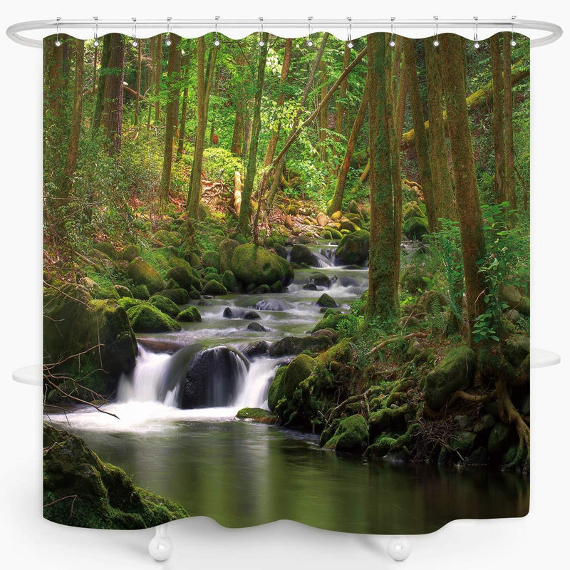 Nature Shower Curtain Flowing Stream Forest Waterfall Natural Landscape Green Trees Jungle Mossy Rocks Themed Scenery Waterproof Fabric Bathroom Decor 72x72 Inch Plastic Hooks 12PCS - NewNest Australia