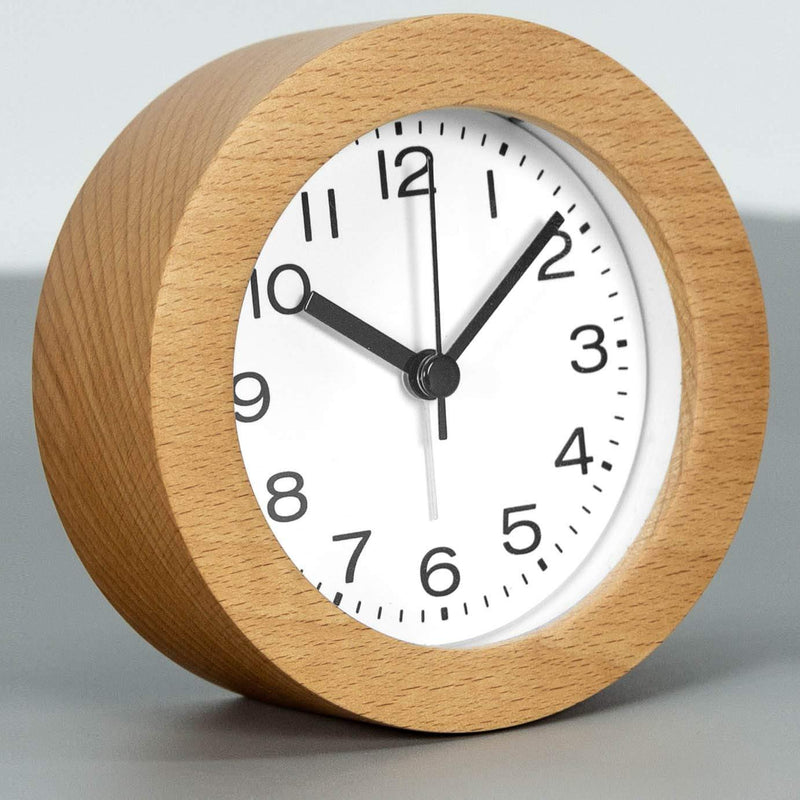 NewNest Australia - AROMUSTIME 3-Inches Round Wooden Alarm Clock with Arabic Numerals, Non-Ticking Silent, Backlight, Battery Operated, Nature Round Nature 