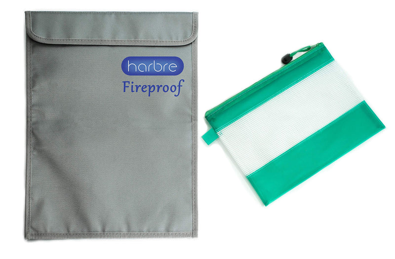 Harbre 15 x 11 Inch Fire Safe Document Bag Plus Small Waterproof Pouch with Zipper for Cash, Money, Wallet, Passport, Jewelry - Fireproof, Heatproof, Damage Resistant Storage for Home, Travel, Work - NewNest Australia