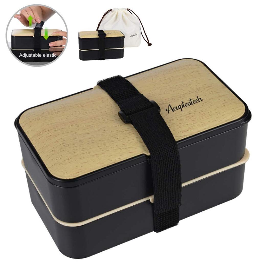 NewNest Australia - Lunch Bento Box with Upgraded Adjustable Strap, Stackable Reusable Leakproof food Container, BPA FREE, Fashion 2 Tiers Japanese Style, Suitable for Office School Camp Picnics, 1200ml, Bamboo Black 