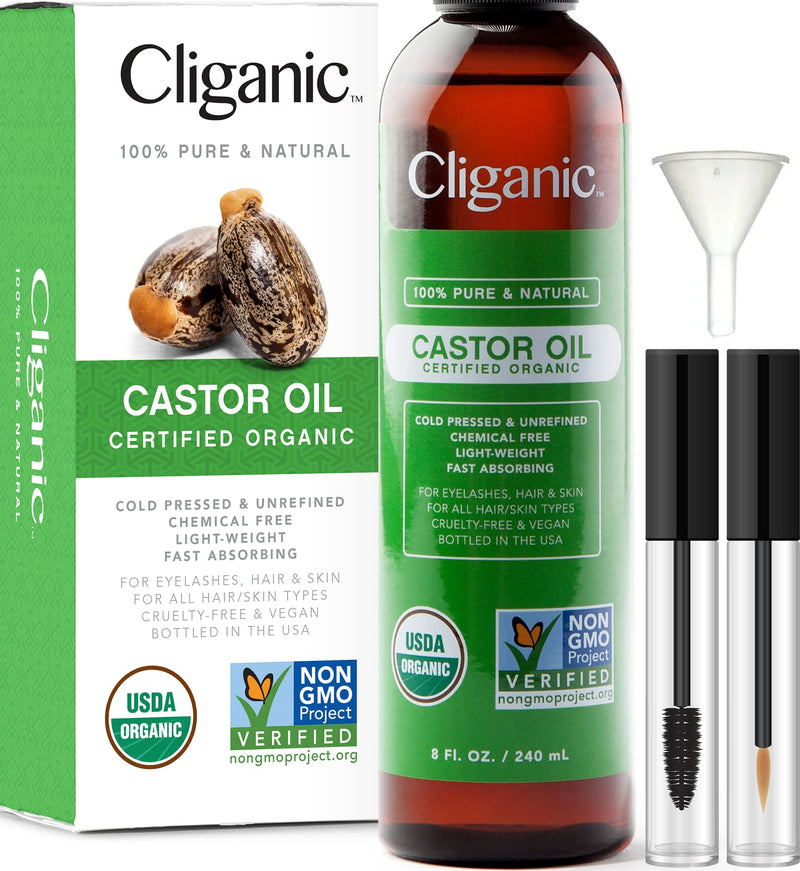 Cliganic USDA Organic Castor Oil, 100% Pure (8oz with Eyelash Kit) - For Eyelashes, Eyebrows, Hair & Skin | Natural Cold Pressed Unrefined Hexane-Free | DIY Carrier Oil | Cliganic 90 Days Warranty 8 Fl Oz (Pack of 1) - NewNest Australia