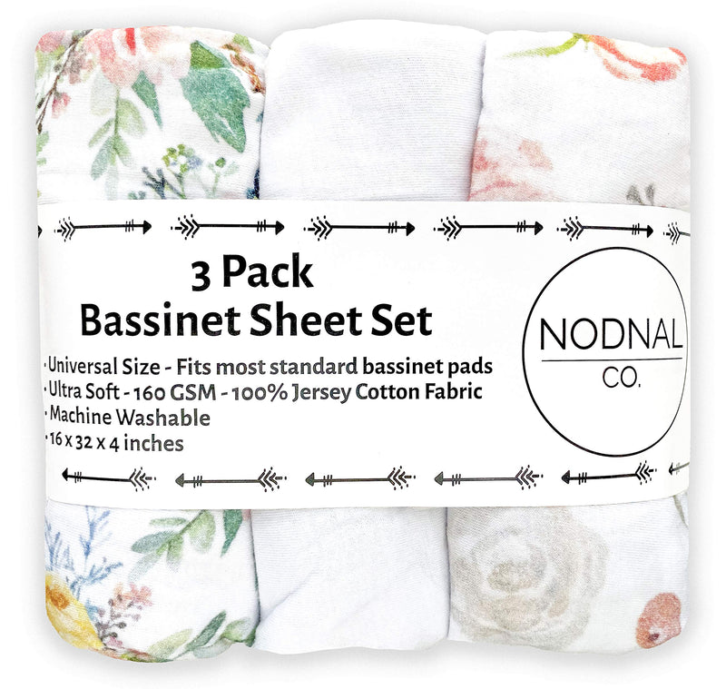 NewNest Australia - NODNAL CO. Pink Floral Bassinet Fitted Sheet Set 3 Pack 100% Jersey Cotton for Baby Girl - Peony and Eucalyptus Flowers 160 GSM Sheets 