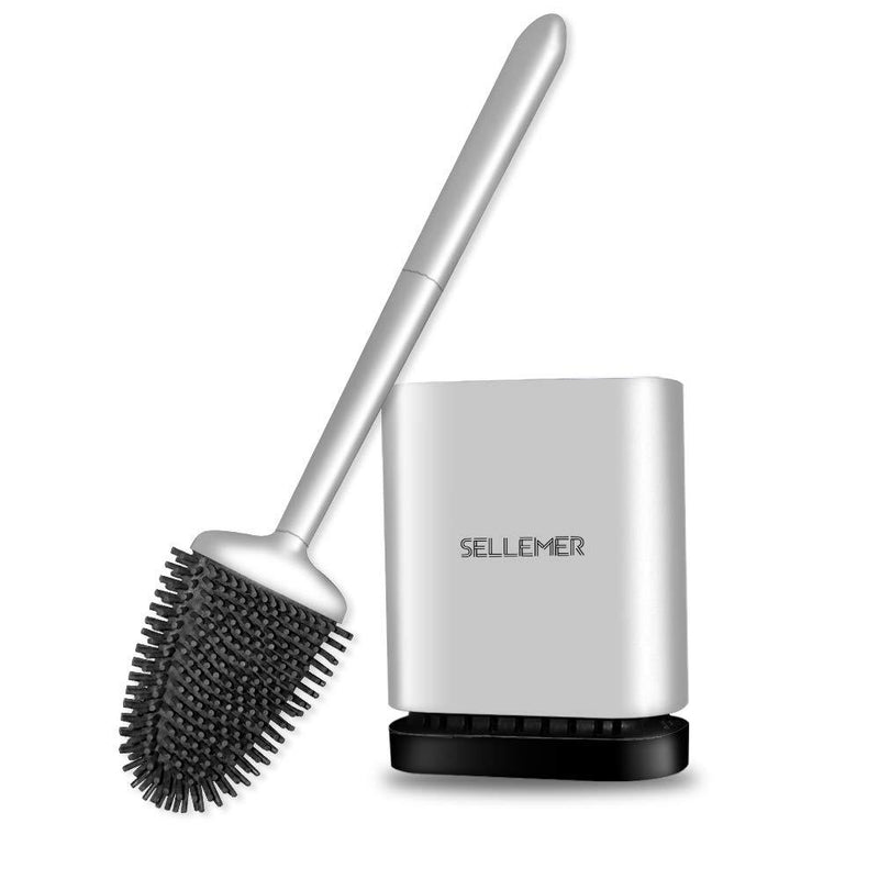 Sellemer Toilet Brush and Holder Set for Bathroom, Flexible Toilet Bowl Brush Head with Silicone Bristles, Compact Size for Storage and Organization, Solid Rust Free Handle, Ventilation Slots Base Silver - NewNest Australia