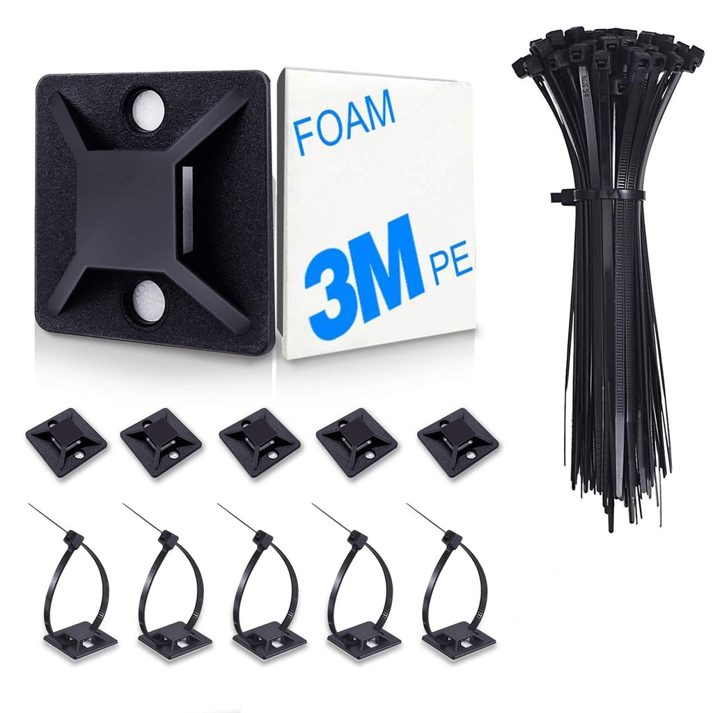 4/5" 100 Pack Zip Tie Mount With Cable Ties,Self Adhesive-backed Mounts For Wire Holder , Black Cable Management Clips Wall Anchors - NewNest Australia