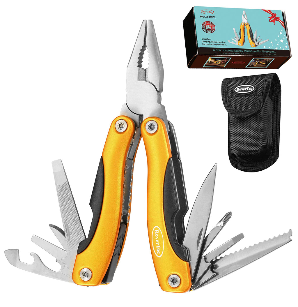 RoverTac Multitool with Safety Lock 12 in 1 Multitool Knife Pliers Screwdriver Saw Bottle Opener Gifts for Men Perfect for Camping Survival Hiking Fishing Simple Repairs Gold - NewNest Australia