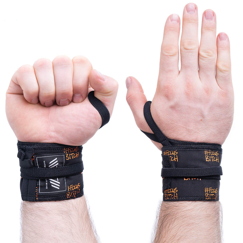 WARM BODY COLD MIND Premium Cotton Wrist Wraps for Crossfit, Olympic Weight Lifting, Powerlifting, Bodybuilding, Deadlift, Strength Training and Wrist Support with Thumb Loop Orange/Focus - NewNest Australia