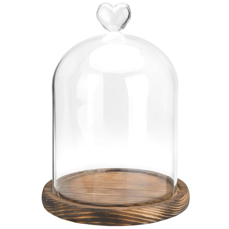 NewNest Australia - MyGift Clear Glass Cloche Bell Jar Display Case with Heart Top Handle & Dark Brown Wooden Base 