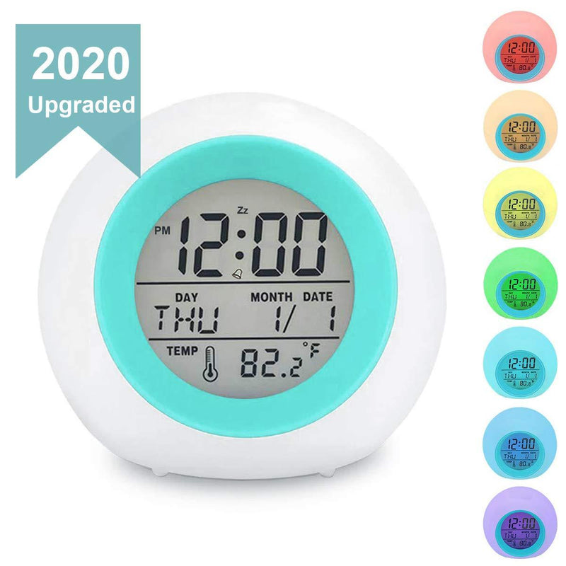 NewNest Australia - Kids Digital Alarm Clock, 7 Color Night Light, Snooze, Temperature Detect for Toddler, Children Boys and Girls, Students to Wake up at Bedroom, Bedside, Batteries Operated (Blue) Blue 