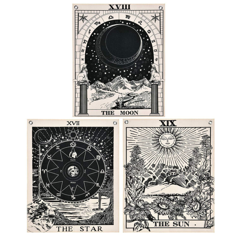NewNest Australia - Likiyol Pack of 3 Tarot Tapestry The Sun The Moon The Star Tarot Card Tapestry with Rustproof Grommets, Seamless Nails (Black White, 11.8 x 15.7 inches) Black White 11.8" x 15.7" 