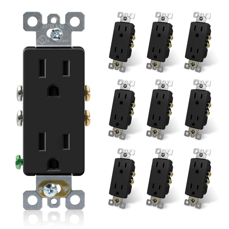 ELEGRP Decorator Receptacle, 15A 125V Standard Electrical Wall Outlet, 2 Pole 3 Wire, No-Tamper Resistant, NEMA 5-15R, Self-Grounding Residential Grade Outlet, UL (Glossy Black, 10 Pack) Decorator Outlet - NewNest Australia