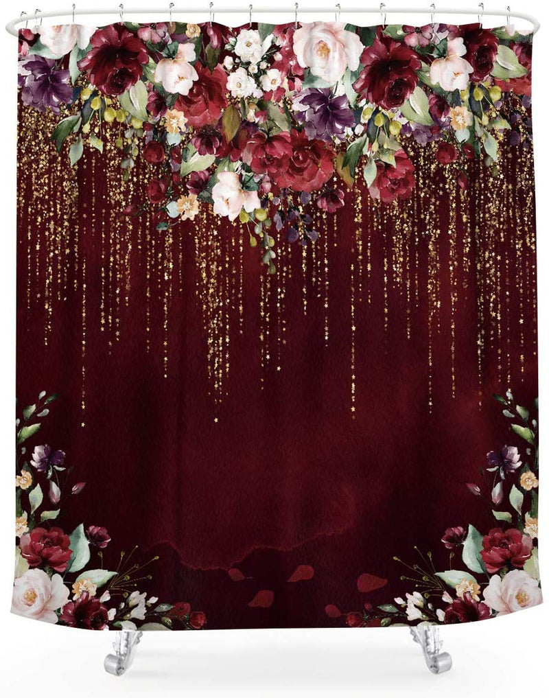 LIGHTINHOME Red Floral Shower Curtain Burgundy Flower Rose Golden Glitter Wedding Bridal Elegant Fabric Waterproof Bathroom Home Decor Set 72x72 Inch 12 Plastic Hooks 72Wx72H - NewNest Australia