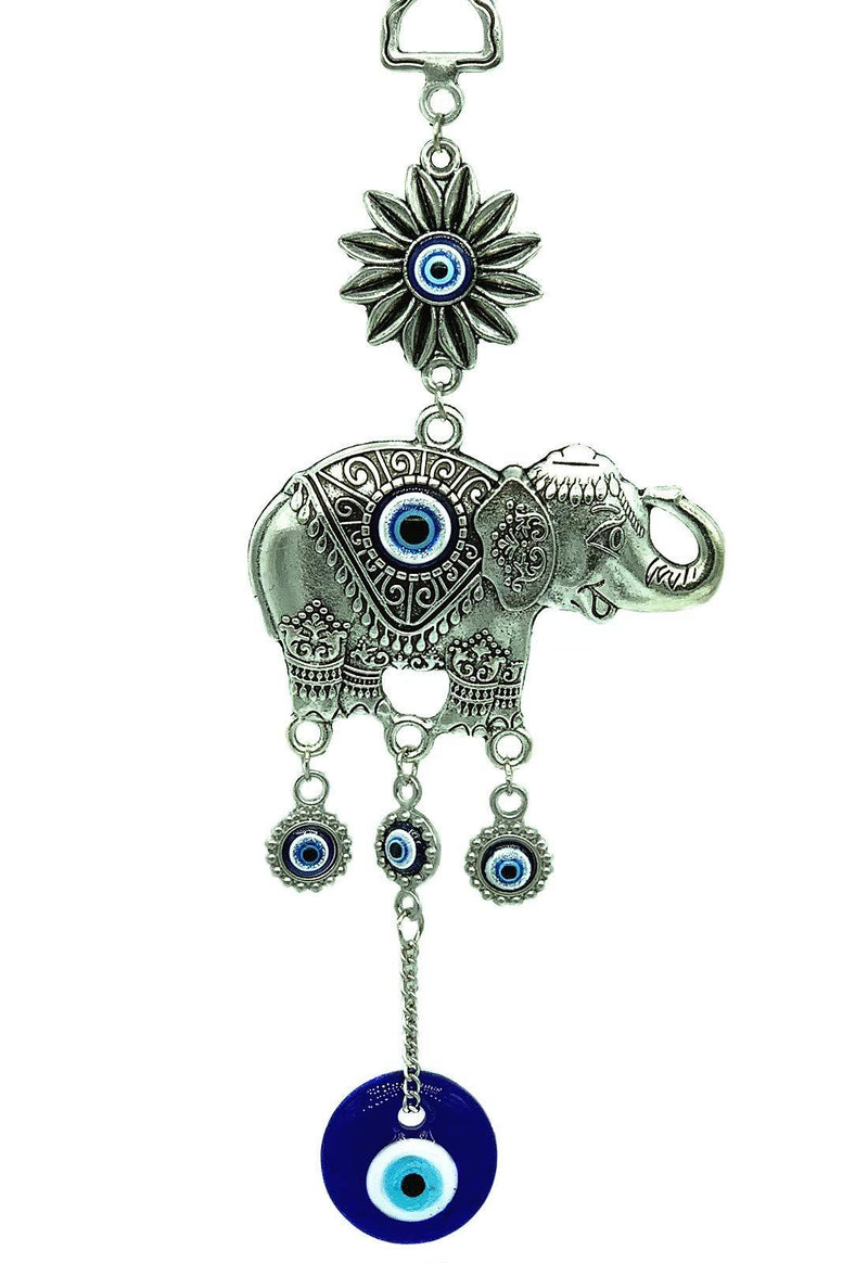 NewNest Australia - Betterdecor Turkish Blue Evil Eye with Lucky Elephant Wall Hanging Decor Ornament (with a Pouch) -Retro (Retro Silver) Retro Silver 