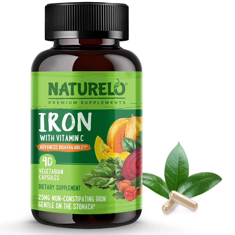 NATURELO Vegan Iron Supplement with Vitamin C and Organic Whole Foods - Gentle Iron Pills for Women & Men w/ Iron Deficiency Including Pregnancy, Anemia and Vegan Diets - 90 Mini Capsules 90 Count (Pack of 1) - NewNest Australia
