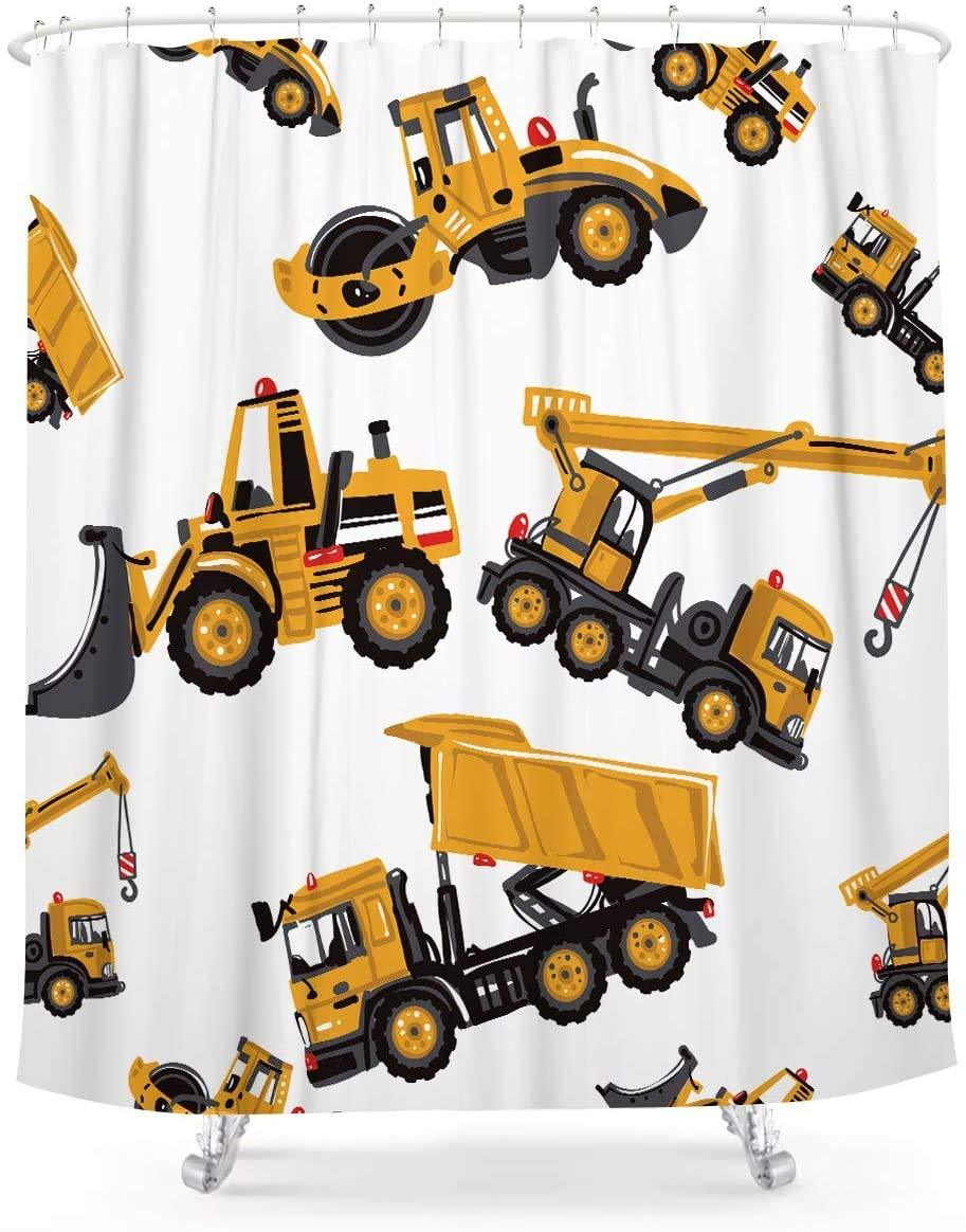 LIGHTINHOME Construction Truck Boy Kids Shower Curtain Excavator Cartoon Yellow Children’s Machinery Bathroom Home Decor Set Waterproof Polyester 72x72 Inch 12 Pack Plastic Hooks 72Wx72L - NewNest Australia