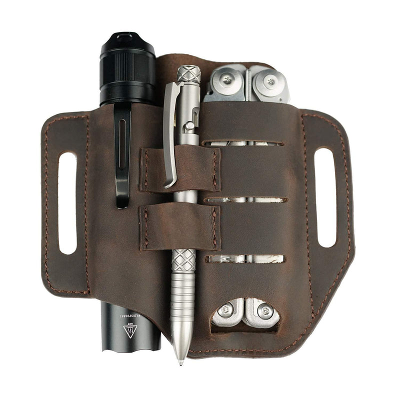 VIPERADE PJ13 EDC Leather Sheath, Knife Belt Sheath/Leather Flashlight Holster/for Leatherman Multitools Sheath, Handmade 3 Pockets Organizer Sheath for Knives/Flashlights/Tactical pens/Tools (Brown) Brown - NewNest Australia