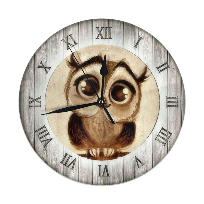 NewNest Australia - FeHuew Vintage Wooden Owls Print Decorative Round Wall Clock 9.5 Inch Non Ticking Battery Operated for Student Office School Home Decor Silent Desk Clock Art Owl 9.8"x9.8" 